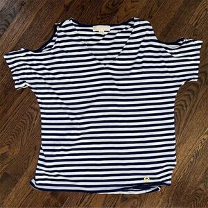 Michael Kors Women's Navy Blue Striped‎ Cold Shoulder T-Shirt V-Neck Casual Top
